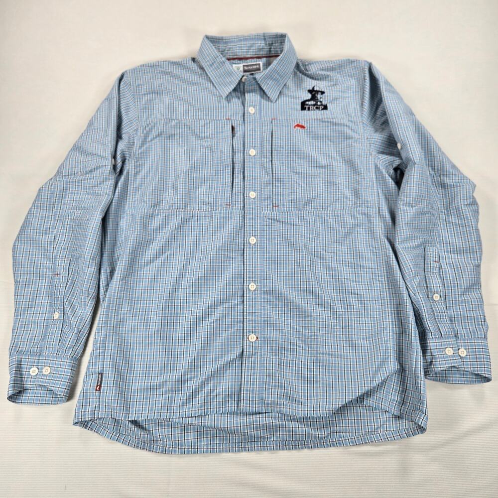 Simms Insect Shield Vented Long Sleeve Button‎ Up Blue Plaid Shirt Size Large